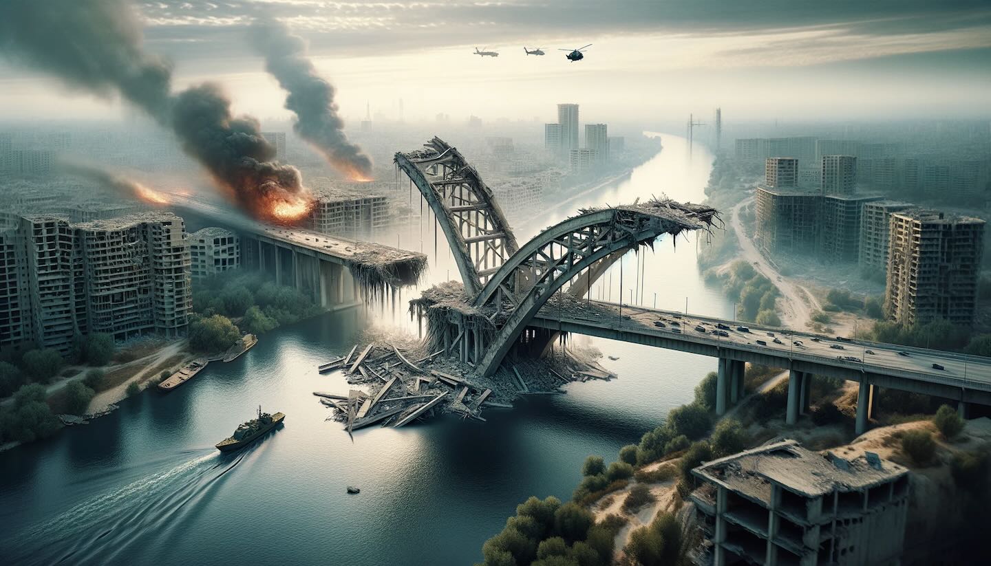 DALL·E 2024-01-18 21.35.04 – A highly realistic image of a destroyed bridge in a modern war-torn city. The bridge, once a major structure, is now in ruins, with its remnants falli attentati terroristici